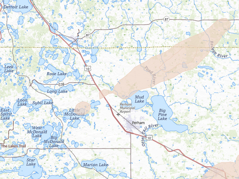 Radar-estimated hail-size map of the storm over Perham, MN on Aug 3, 2026