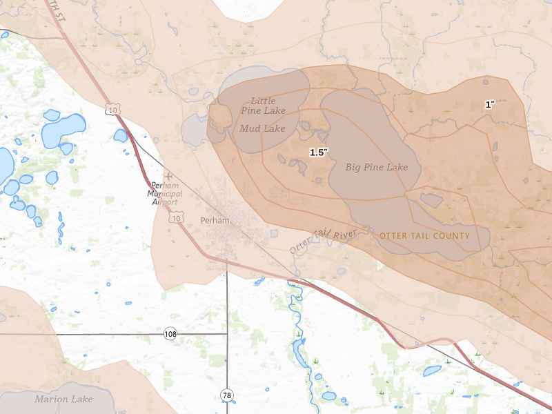 Radar-estimated hail-size map of the storm over Perham, MN on Aug 17, 2026