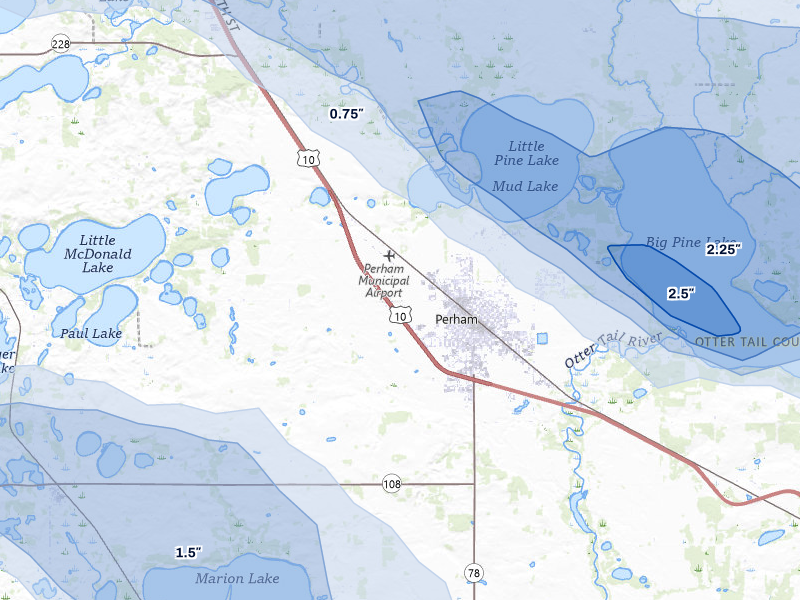 NEXRAD radar-signature map of the hail storm over Perham, MN on Aug 17, 2026