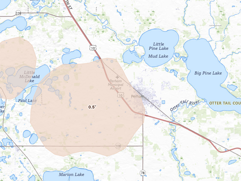 Radar-estimated hail-size map of the storm over Perham, MN on Aug 28, 2026