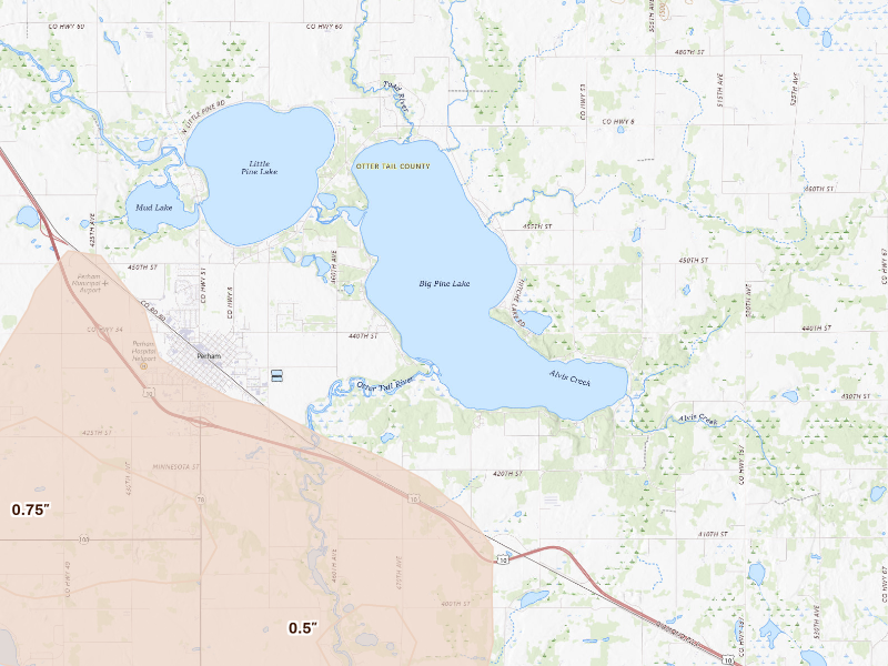 Radar-estimated hail-size map of the storm over Perham, MN on Sep 6, 2026
