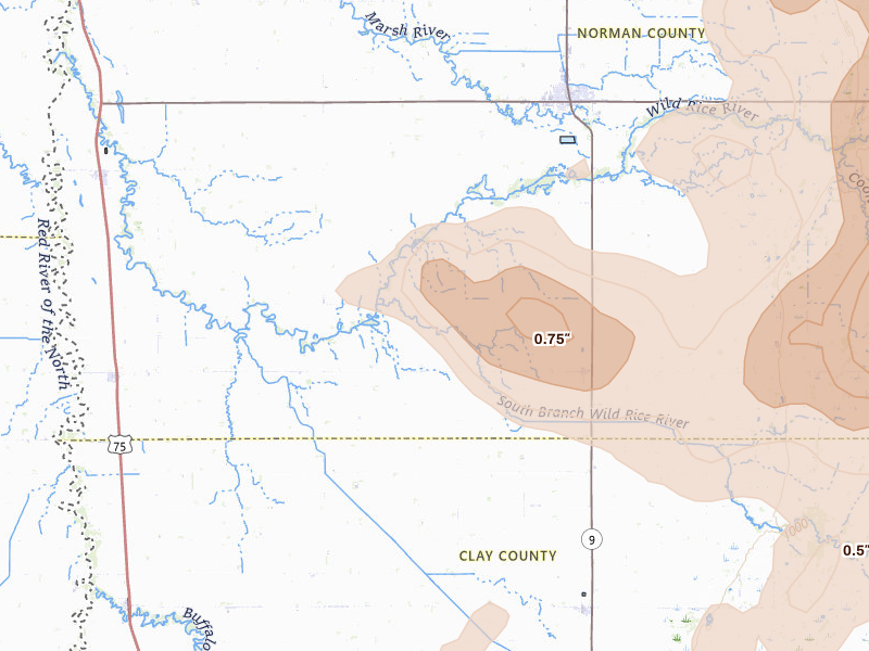 Radar-estimated hail-size map of the storm over Perley, MN on Jul 6, 2026
