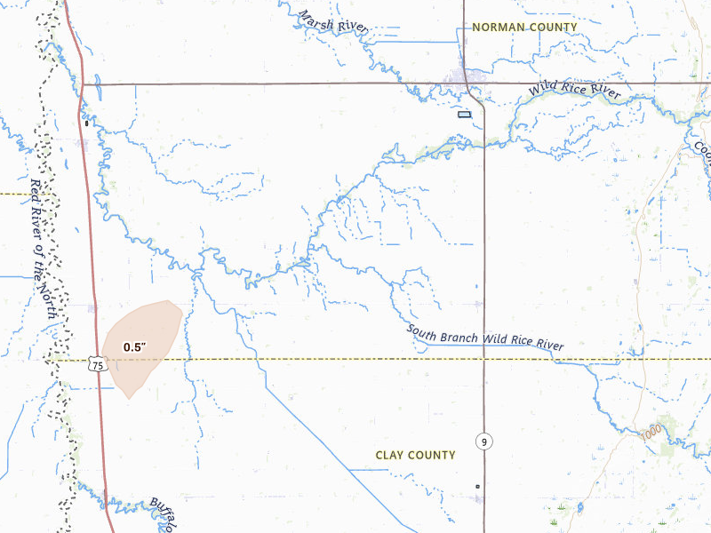Radar-estimated hail-size map of the storm over Perley, MN on Jul 30, 2026