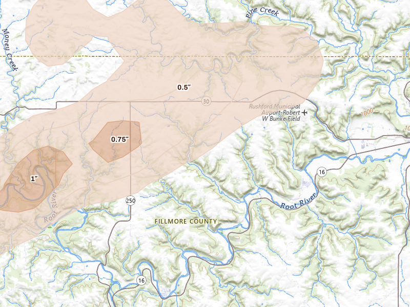 Radar-estimated hail-size map of the storm over Peterson, MN on Jul 1, 2026