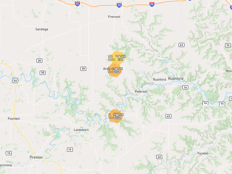 Hail map of Peterson, MN on Jul 1, 2026, hail up to 1.25"