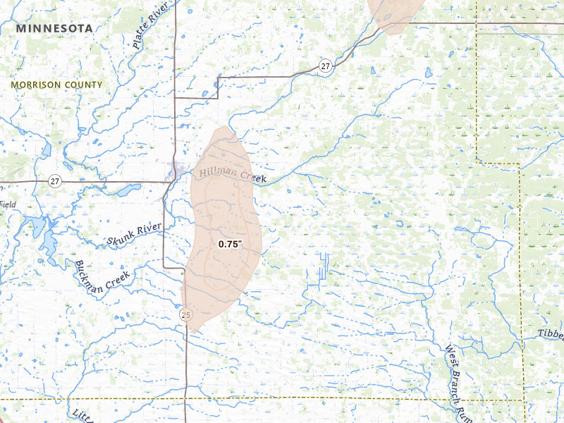 Radar-estimated hail-size map of the storm over Pierz, MN on Jun 9, 2026