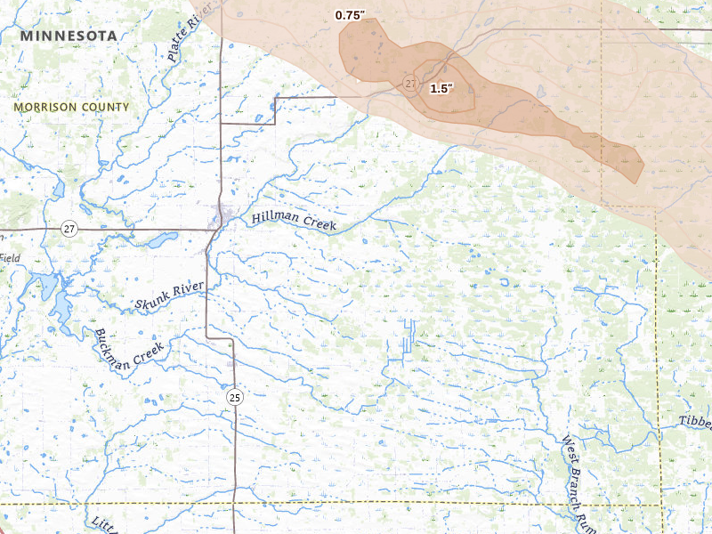 Radar-estimated hail-size map of the storm over Pierz, MN on Jun 19, 2026
