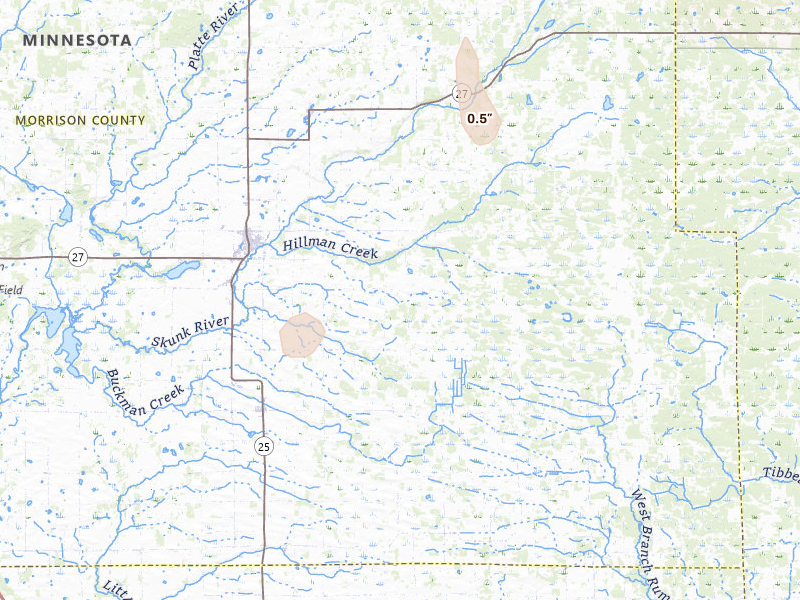 Radar-estimated hail-size map of the storm over Pierz, MN on Jun 29, 2026