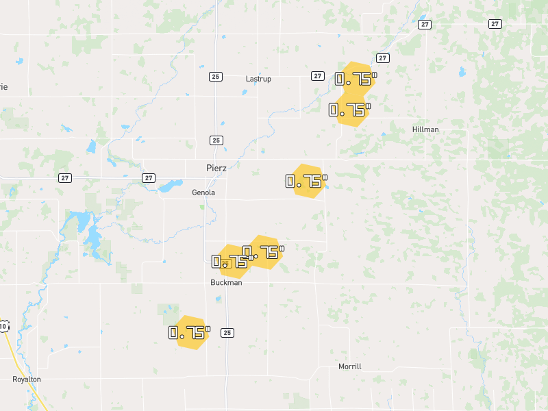 Hail map of Pierz, MN on Jun 30, 2026, hail up to 0.75"