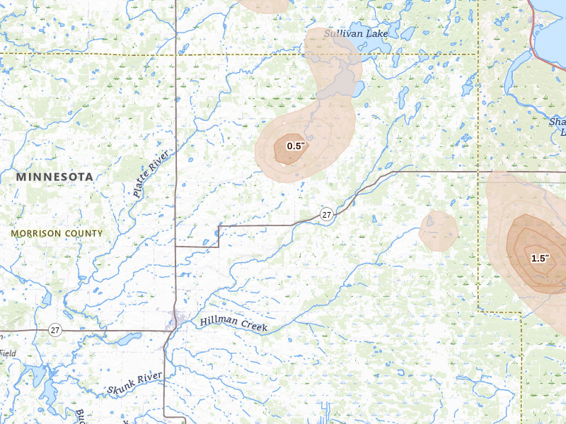 Radar-estimated hail-size map of the storm over Pierz, MN on Jul 4, 2026