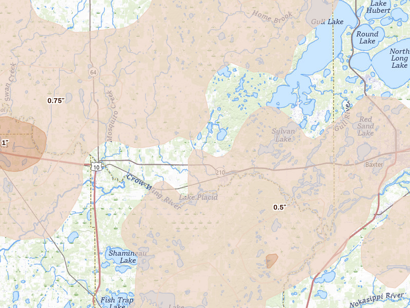 Radar-estimated hail-size map of the storm over Pillager, MN on Jun 29, 2026
