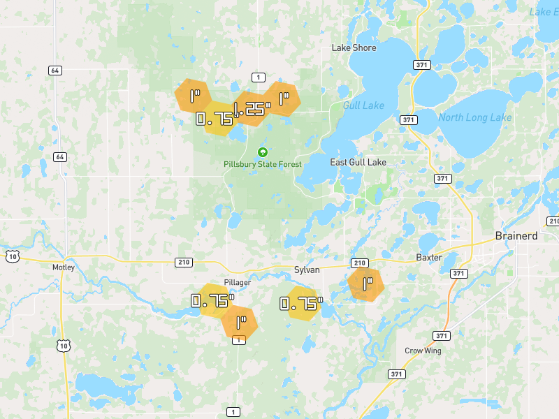 Hail map of Pillager, MN on Jun 29, 2026, hail up to 1.25"
