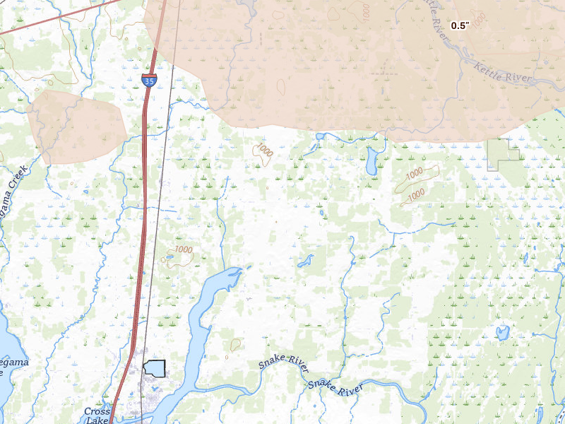 Radar-estimated hail-size map of the storm over Pine City, MN on Jul 7, 2026