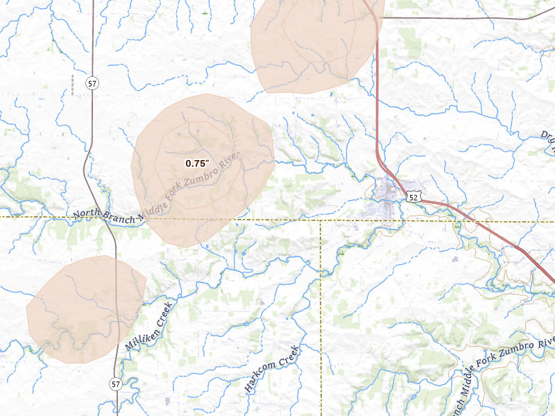 Radar-estimated hail-size map of the storm over Pine Island, MN on Jun 29, 2026