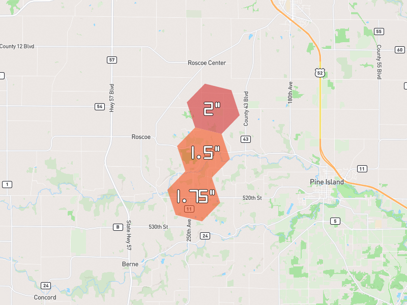 Hail map of Pine Island, MN on Jun 30, 2026, hail up to 2"
