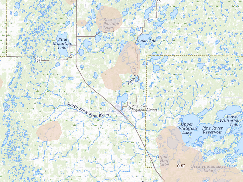 Radar-estimated hail-size map of the storm over Pine River, MN on Jul 6, 2026