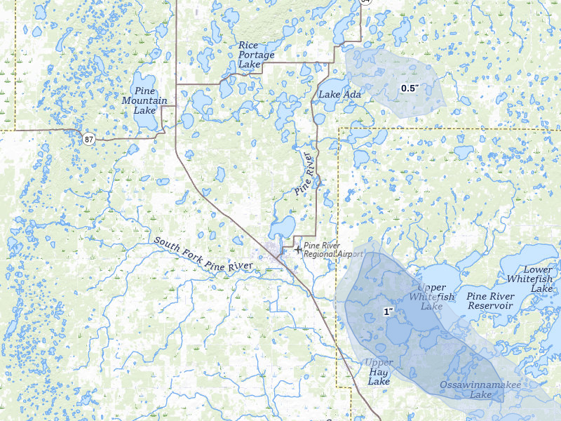 NEXRAD radar-signature map of the hail storm over Pine River, MN on Jul 6, 2026