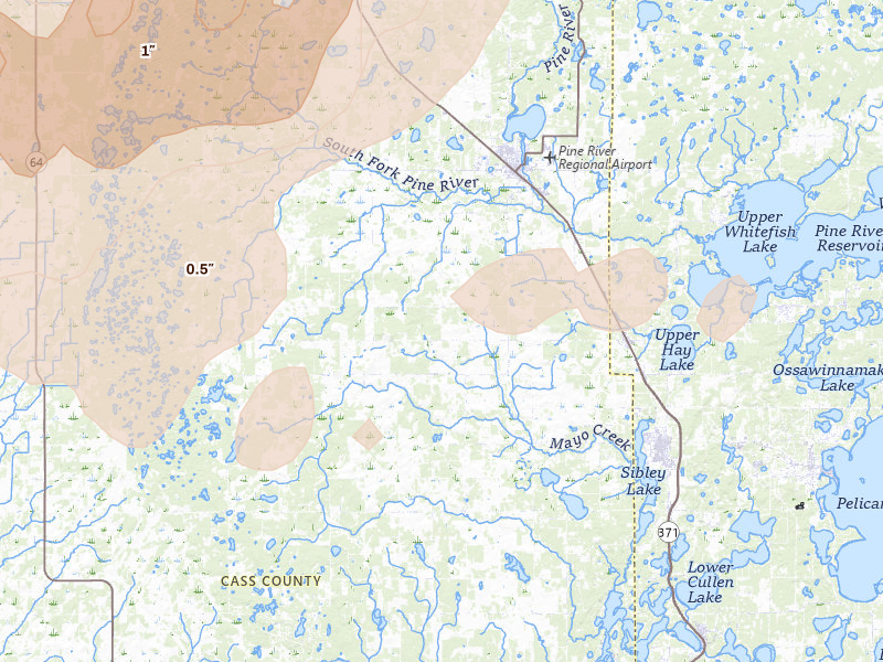 Radar-estimated hail-size map of the storm over Pine River, MN on Aug 7, 2026