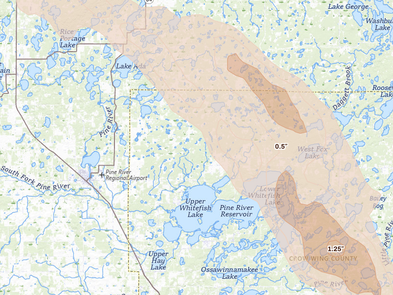 Radar-estimated hail-size map of the storm over Pine River, MN on Aug 20, 2026