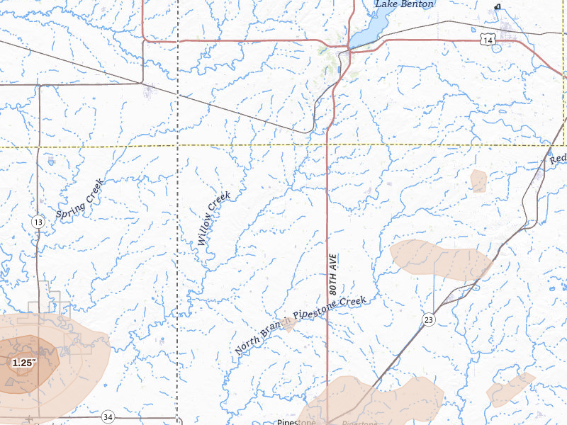 Radar-estimated hail-size map of the storm over Pipestone, MN on May 24, 2026