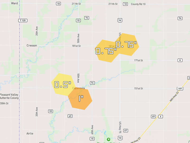 Hail map of Pipestone, MN on Jun 30, 2026, hail up to 1"