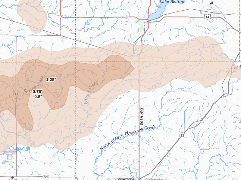 Radar-estimated hail-size map of the storm over Pipestone, MN on Jul 2, 2026