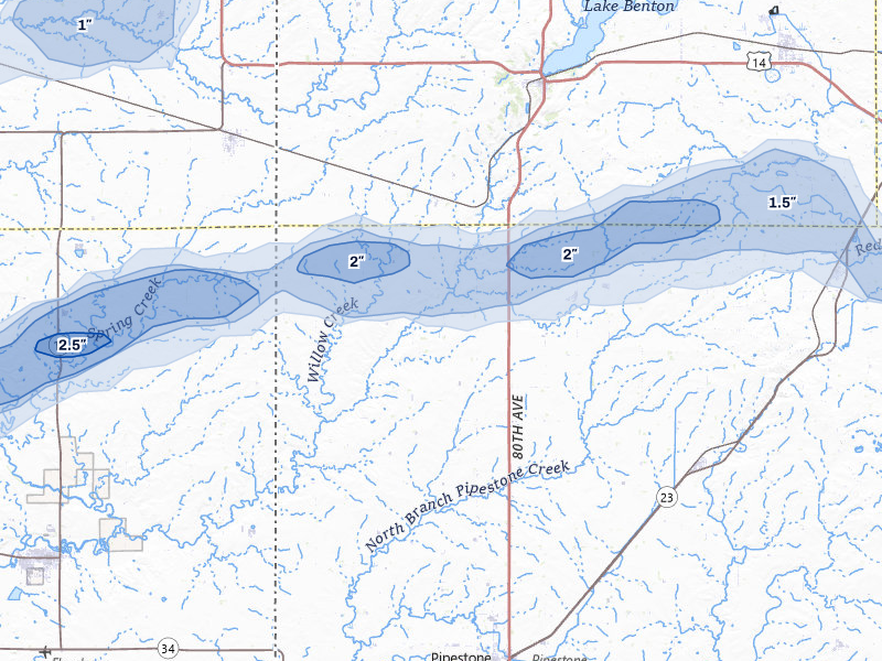 NEXRAD radar-signature map of the hail over Pipestone, MN