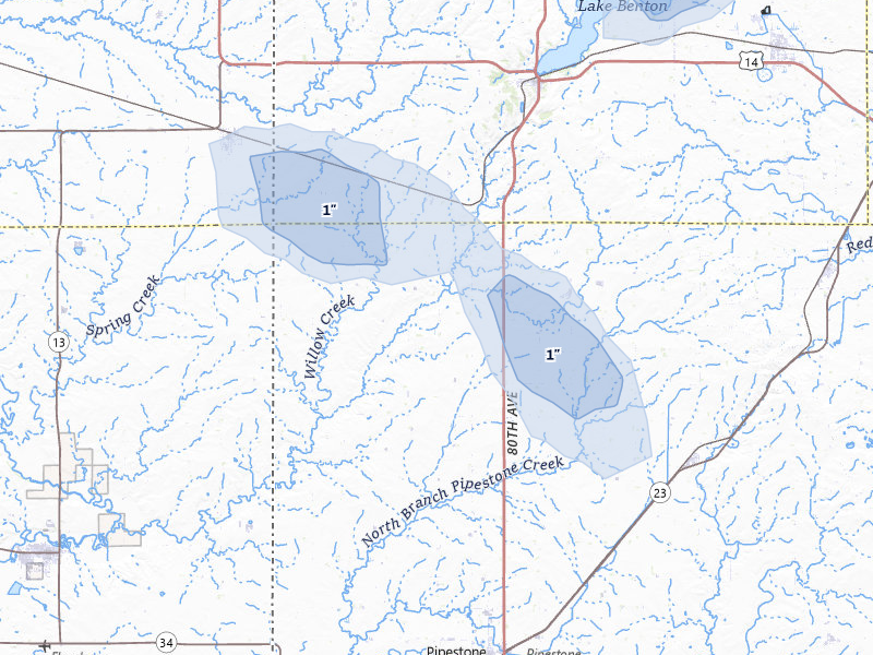NEXRAD radar-signature map of the hail over Pipestone, MN