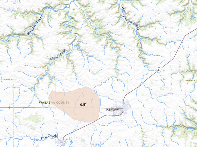 Radar-estimated hail-size map of the storm over Plainview, MN on Jul 17, 2026