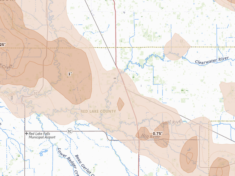 Radar-estimated hail-size map of the storm over Plummer, MN on Jul 24, 2026