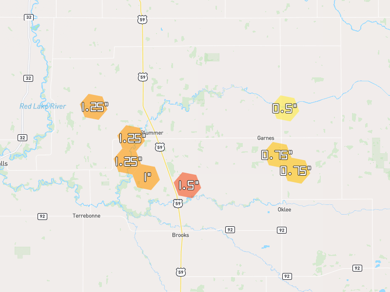 Hail map of Plummer, MN on Jul 25, 2026, hail up to 1.5"