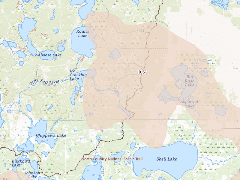 Radar-estimated hail-size map of the storm over Ponsford, MN on Jul 6, 2026
