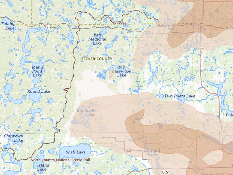 Radar-estimated hail-size map of the storm over Ponsford, MN on Aug 6, 2026