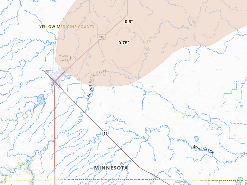 Radar-estimated hail-size map of the storm over Porter, MN on Jul 2, 2026