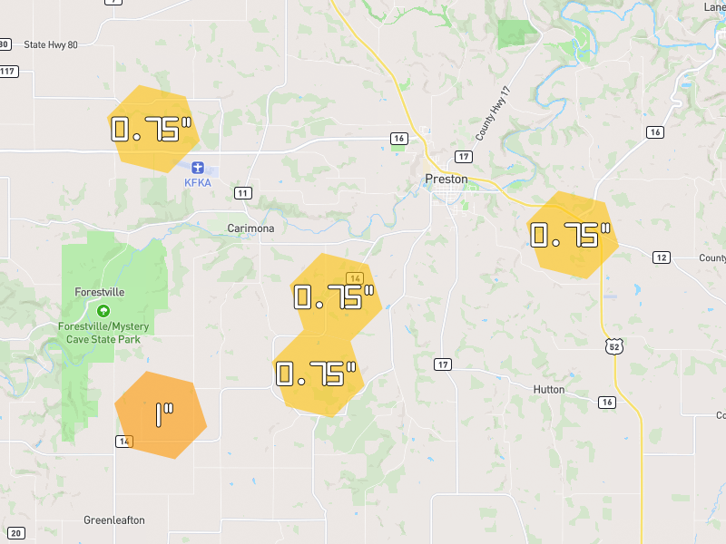 Hail map of Preston, MN on Jul 2, 2026, hail up to 1"