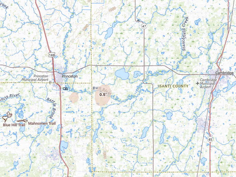 Radar-estimated hail-size map of the storm over Princeton, MN on Apr 23, 2026