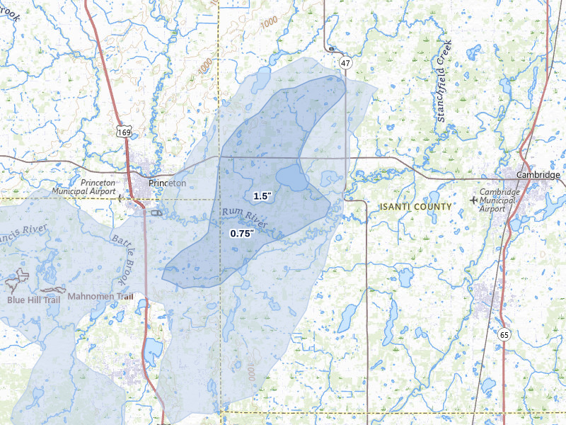 NEXRAD radar-signature map of the hail over Princeton, MN