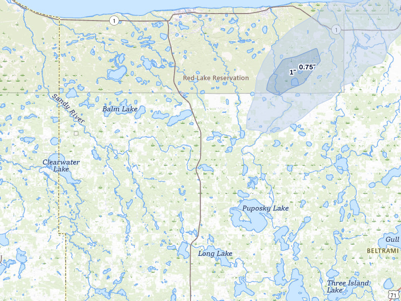 NEXRAD radar-signature map of the hail storm over Puposky, MN on Jun 8, 2026