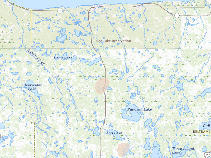 Radar-estimated hail-size map of the storm over Puposky, MN on Jun 29, 2026