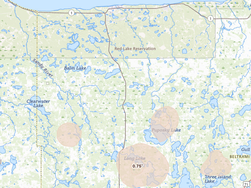 Radar-estimated hail-size map of the storm over Puposky, MN on Jul 4, 2026