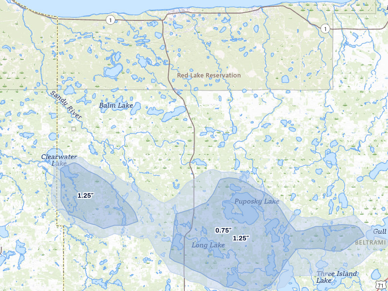 NEXRAD radar-signature map of the hail over Puposky, MN
