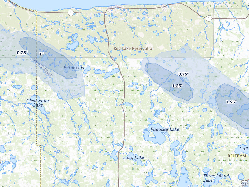 NEXRAD radar-signature map of the hail storm over Puposky, MN on Jul 6, 2026