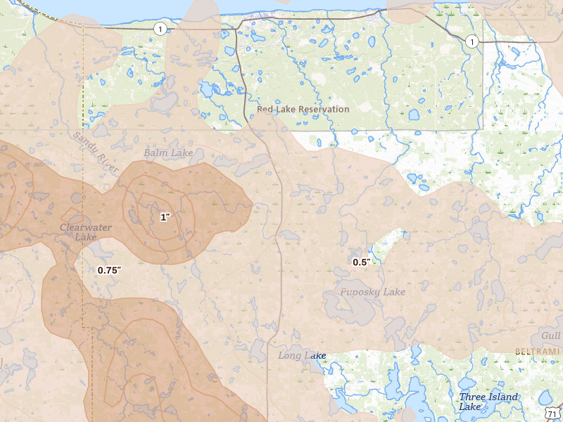 Radar-estimated hail-size map of the storm over Puposky, MN on Jul 24, 2026