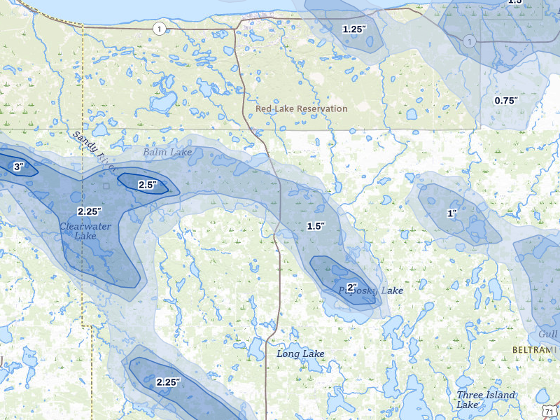 NEXRAD radar-signature map of the hail storm over Puposky, MN on Jul 24, 2026
