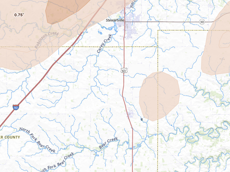 Radar-estimated hail-size map of the storm over Racine, MN on Apr 17, 2026