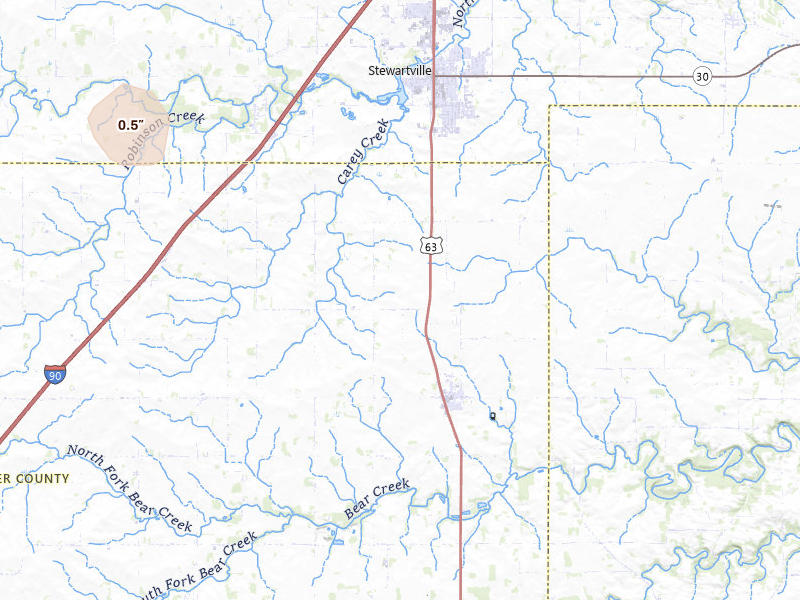 Radar-estimated hail-size map of the storm over Racine, MN on May 17, 2026