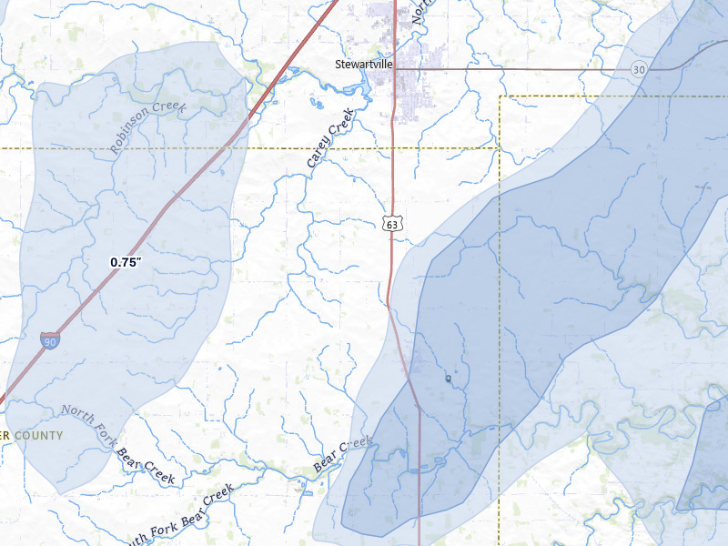NEXRAD radar-signature map of the hail storm over Racine, MN on Jun 30, 2026
