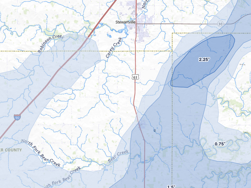 NEXRAD radar-signature map of the hail storm over Racine, MN on Jul 1, 2026