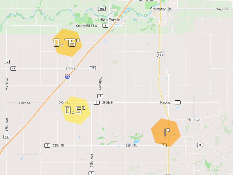 Hail map of Racine, MN on Jul 1, 2026, hail up to 1"