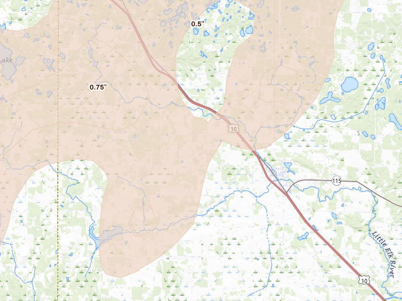 Radar-estimated hail-size map of the storm over Randall, MN on Jun 29, 2026
